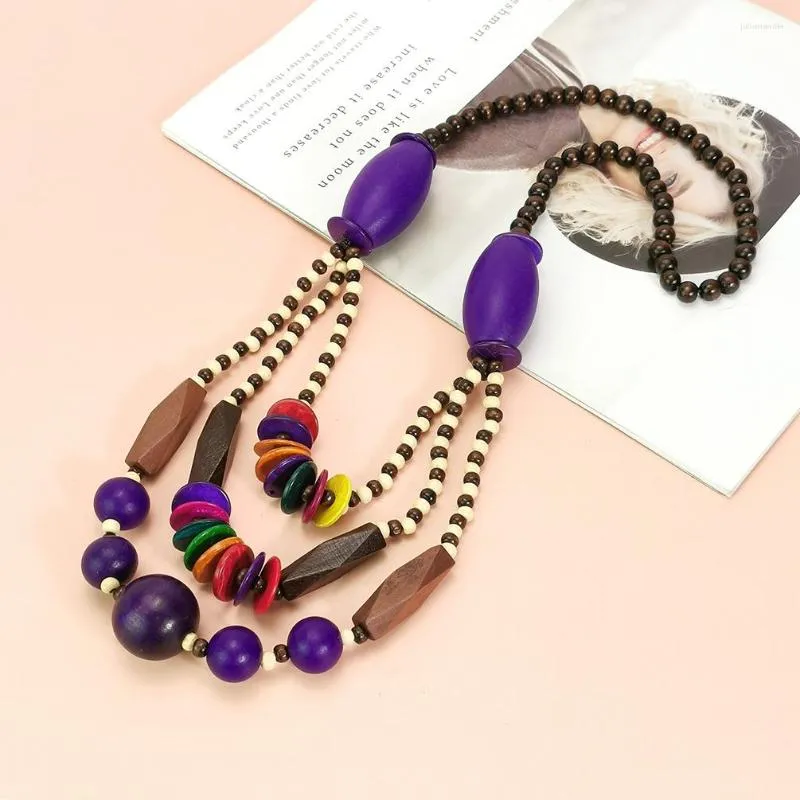 Pendant Necklaces Bohemian Layers Wood Ethnic Multicolor Wooden Beads Chain Long Statement Collar Maxi Jewelry