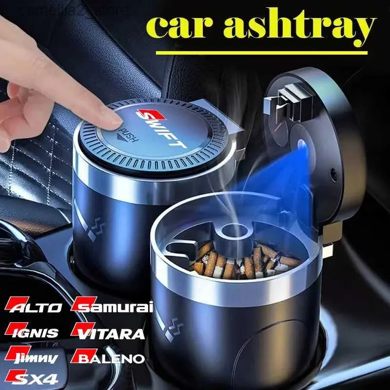 Bil Ashtrays Car Cigarette AshTray Cup med lock med LED -ljus bärbar för Suzuki Swift Vitara SX4 Ignis Alto Baleno Samurai Jimny Q231125