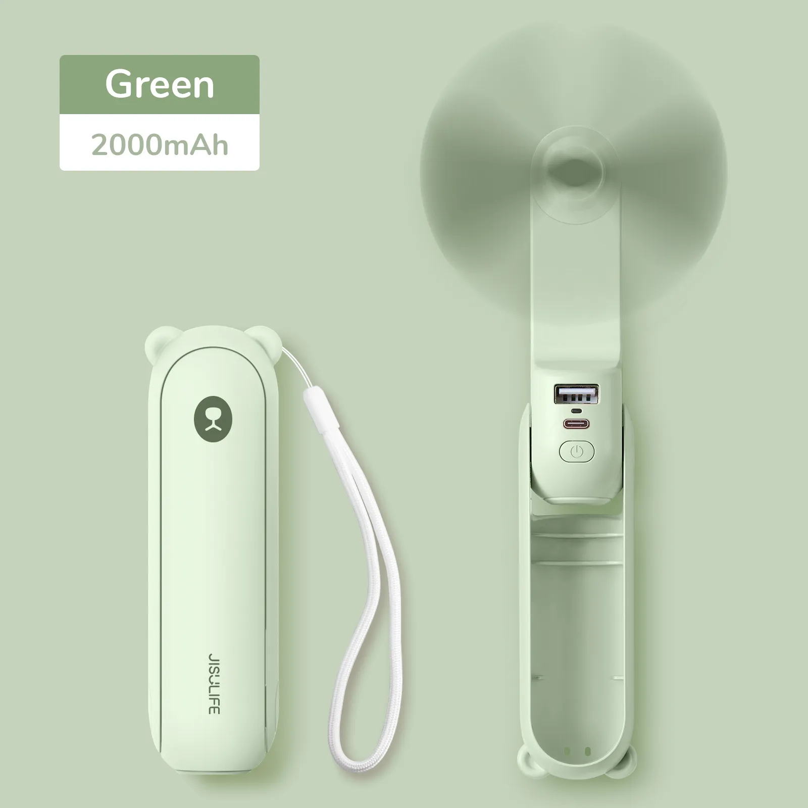 Mini Ventilateur USB Portable Pliable - 3 Vitesses, Batterie 2000 MAh, Avec Cordon - Voyage, Extérieur (Vert)