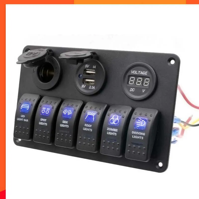 Araba Yeni DIY 6 Grubu Rocker Anahtar Paneli RV Deniz Araçları Kamyonları için Deniz Sigorta Paneli Su Geçirmez Voltmetre Çift USB Şarj Cihazı Port 12V