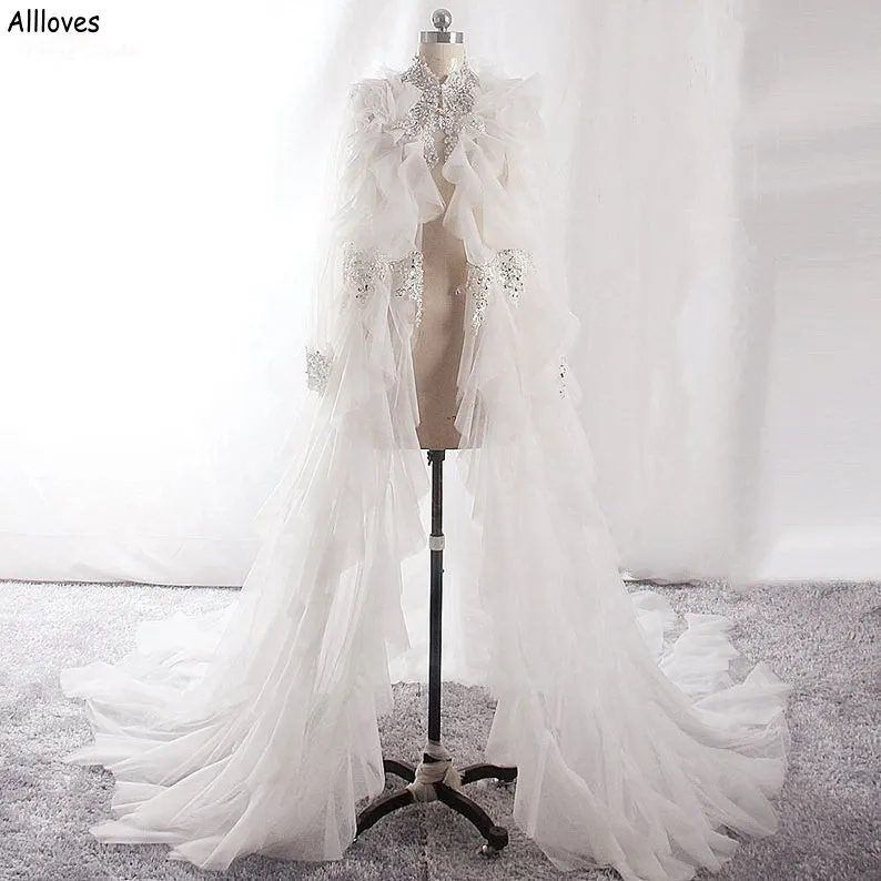 Bridal Bolero Cloak with Ruffles Long Sleeve Sequines Beaded Jacket Long Wedding Cape Shawl Wraps Maternity Dress Photo Shoot Tulle Maternity Robe CL2204