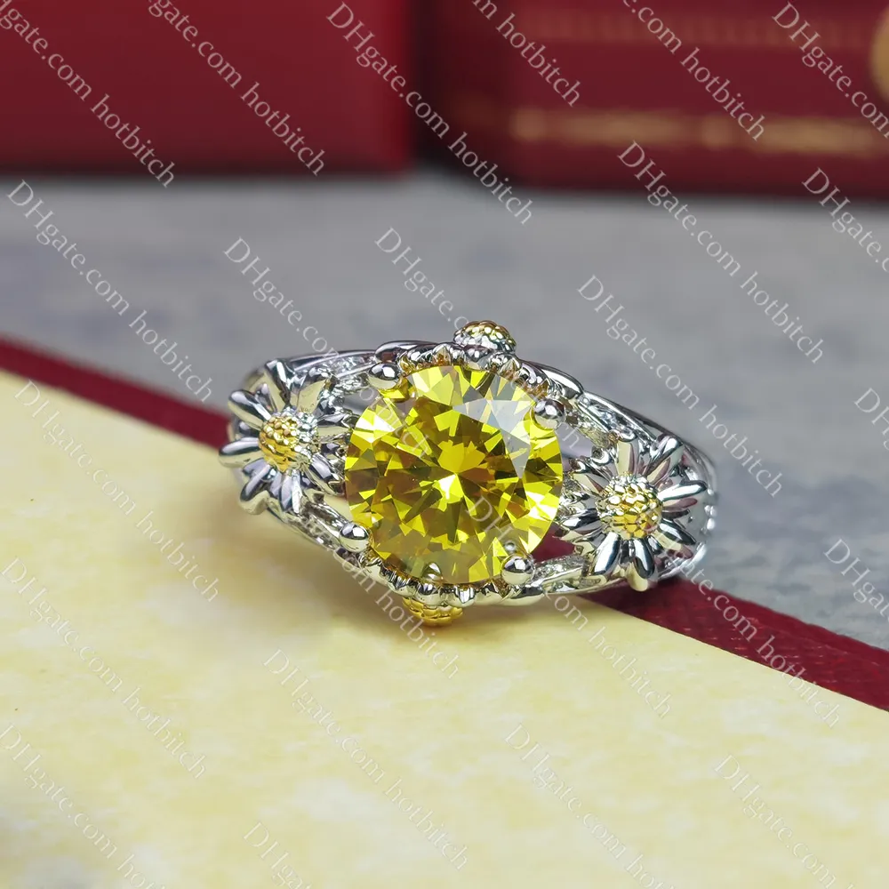 イエローダイヤモンドリング高級女性デザイナーリング高品質の結婚指輪スターリングシルバーフラワーデザインリング