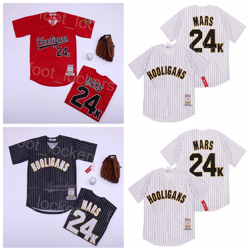 Moive Hooligans Baseball Jersey 24K Bruno Mars Pinstripe Film Black Red White Embroidery Cool Base Cooperstown Pure Cotton Breathable Retro College Uniform