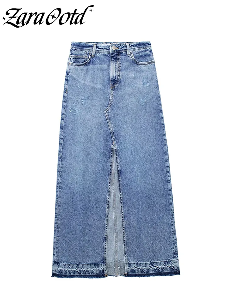 Skirts Fashion Y2k Front Split Denim Women 2023 Spring High Waist Straight Female Vintage Faded Slit Long Streewear 230424