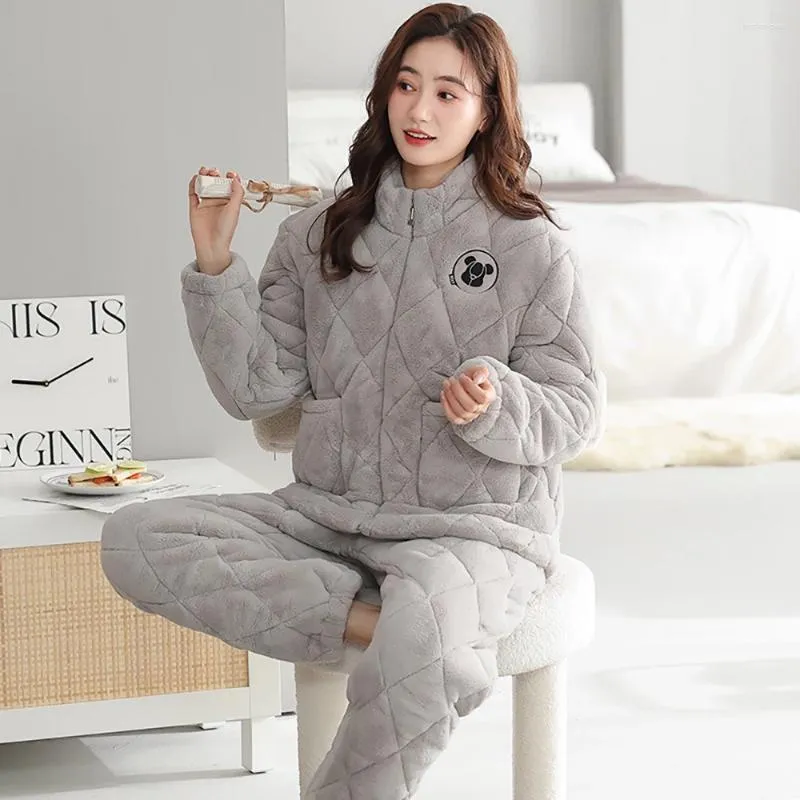 Winter Flannel Super Thick 3 Layer Air Cotton Pajama Set For Women