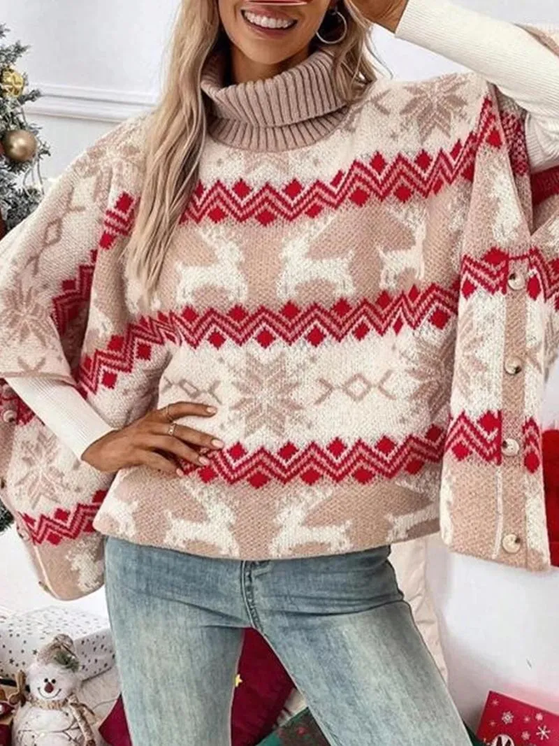 Maglioni da donna Donna S Natale Classico Alce Stampa fiocco di neve Dolcevita Manica a pipistrello Pullover Top in maglia