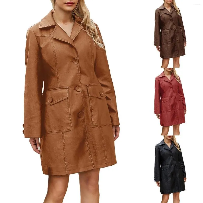 Cappotto da donna in pelle di media lunghezza a maniche lunghe, trench, moda, giacca antipioggia da campeggio