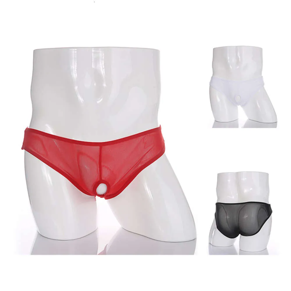 Slip Sexy pour hommes, 3 pièces, sous-vêtements à trou d'entrejambe ouvert, Lingerie érotique transparente en maille, Bikini translucide et soyeux, culotte Hombre