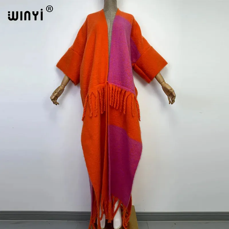 Mélanges de laine pour femmes WINYI Afrique Hiver Femmes gland Cardigan manteau Lâche robe de Noël robe longue Épais Chaud taille libre orange impression Kaftan 231124