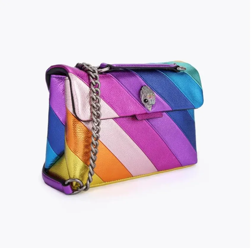 Borsa Kurt Geiger Deigner Borsa a tracolla Kensington di medie dimensioni Borsa a mano in vera pelle Borsa a tracolla di lusso con testa d'aquila in pelle microfibra arcobaleno con logo completo