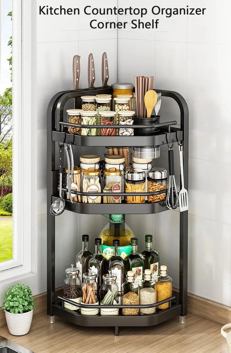 Spice Corner Shelf Cabinet With Hook Holder 2 3 Tier Kitchen Countertop Organizer For Large Kitchen Rack And Storage 231124 From Piao10 25.03 DHgate.Com