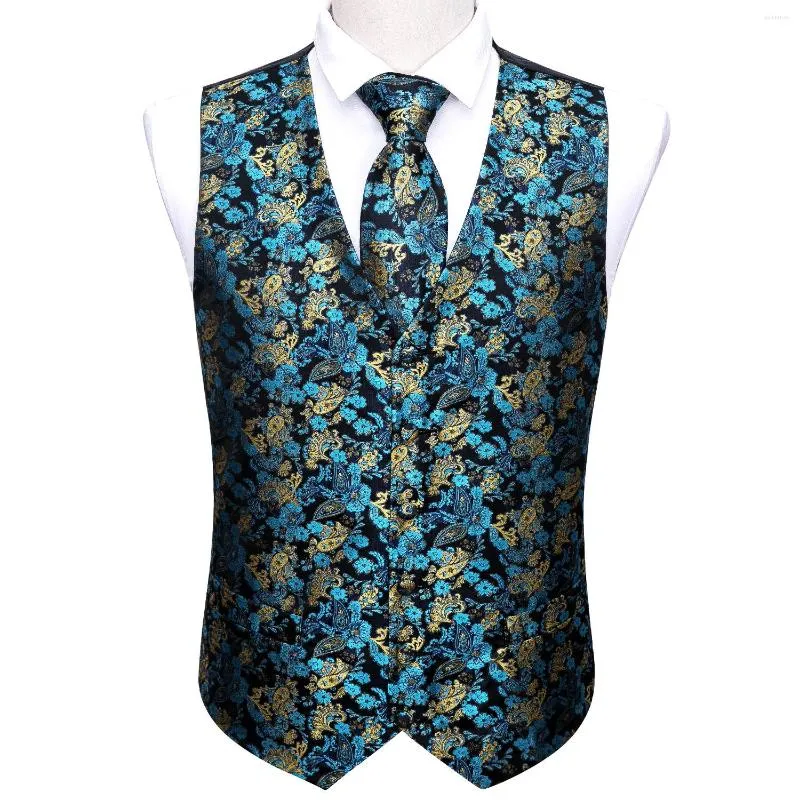 Men's Vests Men Teal Waistcoat Blue Silk Vest For Jacquard Paisley Tie Hanky 4PC Set Formal Business Party Male Jacket Barry.Wang Design