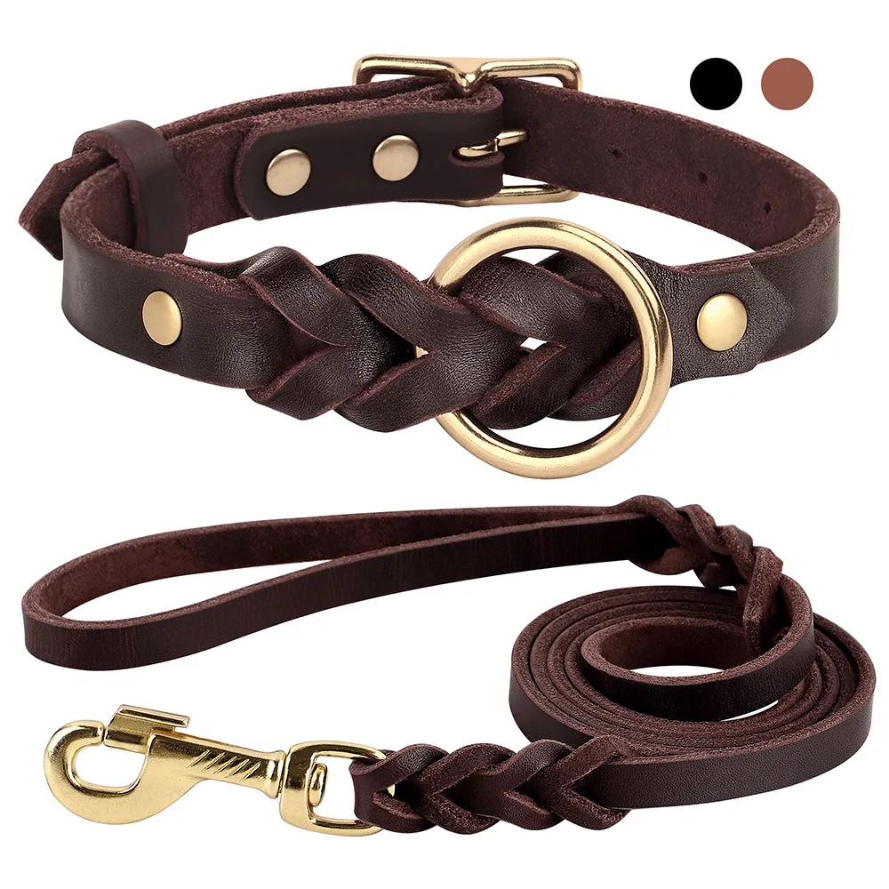 Dog Collars Leashes Genuine Leather Collar Leash Set Braided Durable For Medium Large s German Shepherd Pet Accessories 230424