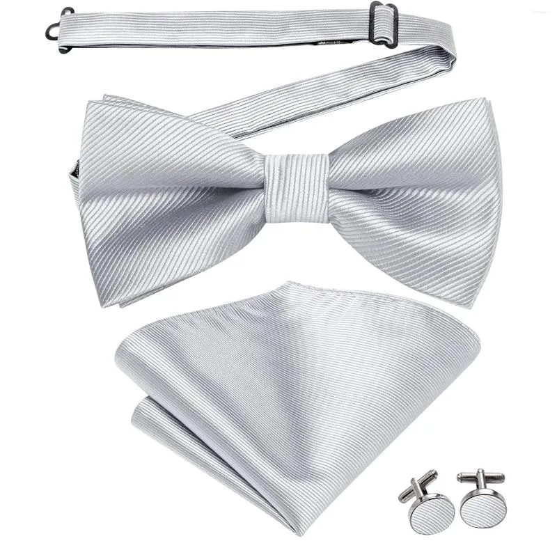 Bow Ties Hi-Tie Silver Silk Mens Tie Pocket Square Cufflinks Set Pre-tied Solid Butterfly Knot Bowtie For Male Wedding Business Party