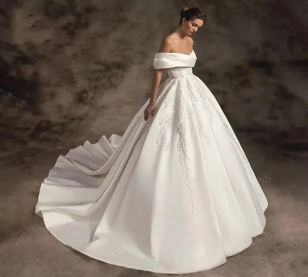 Modern Wedding Dress 2024 Off Shoulder Satin Beading A-Line Court Train Princess Bride Formal Gowns Chic A Line Vestidos De Noiva