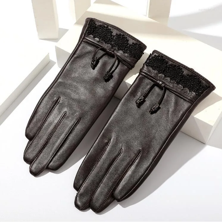 Cinq doigts gants femmes automne hiver épaissir chaud en cuir véritable dame en peau de mouton naturelle écran tactile gant de conduite R069