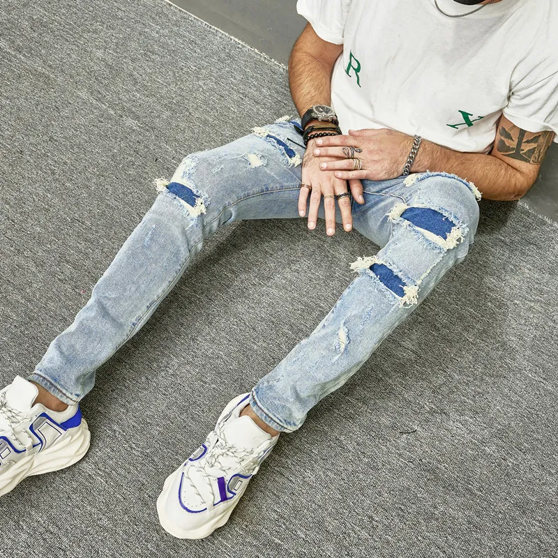 Skinny jeans voor heren Casual slanke bikerjeans Denim Patchwork Distressed Scratched Bleached Kwast hiphop Gescheurde broek Gewassen potloodbroek 17B1