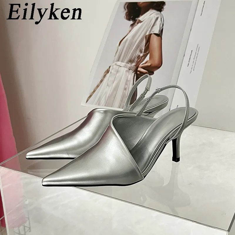 Klänningskor Eilyeken Summer Slingbacks Kvinnor tofflor Eleganta låga klackar pekade Toe Fashion Ladies Wedding Dress Mules Shoes 230424