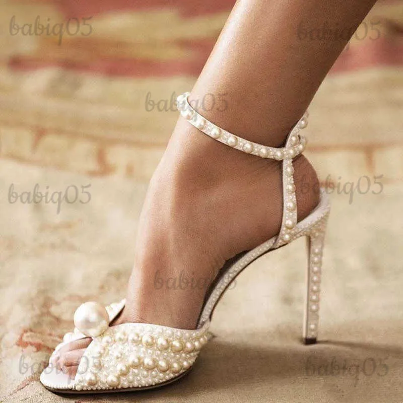 Klänningskor maogu kvinnor sandaler mode högkvalitativa bröllopskor kvinnor nya pärlor studs lyxiga kika tå höga klackar spänne kvinna sandal 43 t231125