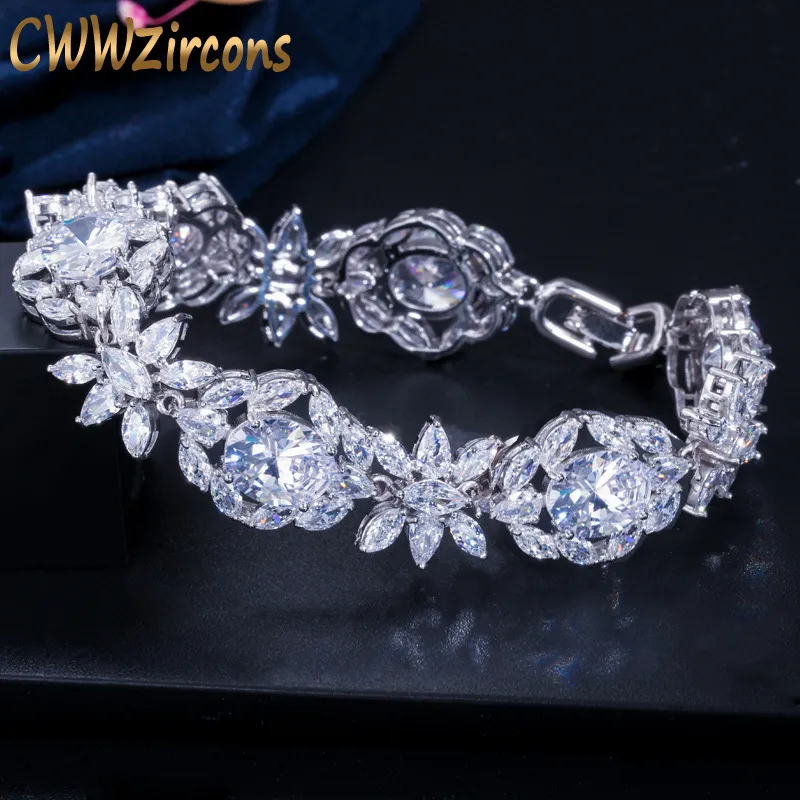 Charm Bracelets CWWZircons Top Quality White Cubic Zirconia Luxury Flower Leaf Big Wedding Bridal Party Charm Bracelet Bangle for Women CB128 230425