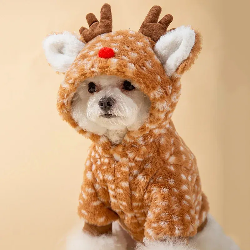 Hundkläder Pet Dog Christmas Plush Elk Coat Cat Winter Soft Clothes With Tow Ring Cute Ears Hoodies Dog Clothes 231124