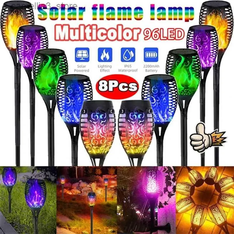 Lampes à gazon 1/2/4/6/8 pièces 12/96LED flamme solaire torche lumières lampe vacillante étanche décoration de jardin extérieur pelouse chemin cour Patio 5 couleur Q231125