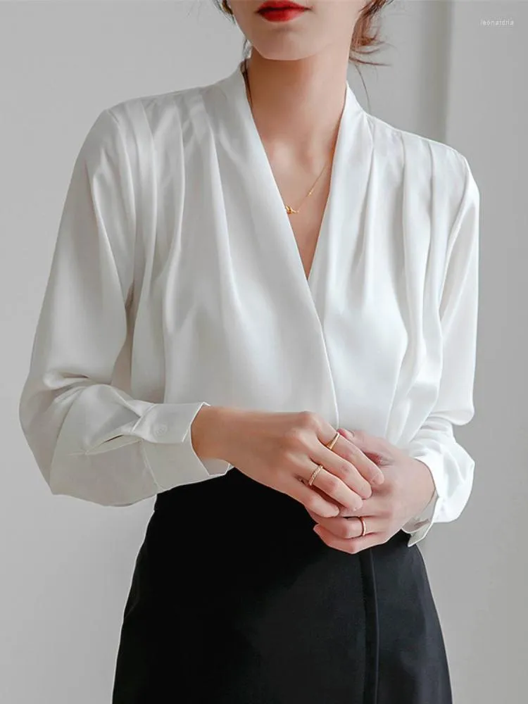 Women's Blouses White Long Sleeve Women's Shirt Silk V-neck French Design Summer 2023 Fashion Temperament Elegant Satin Shirts