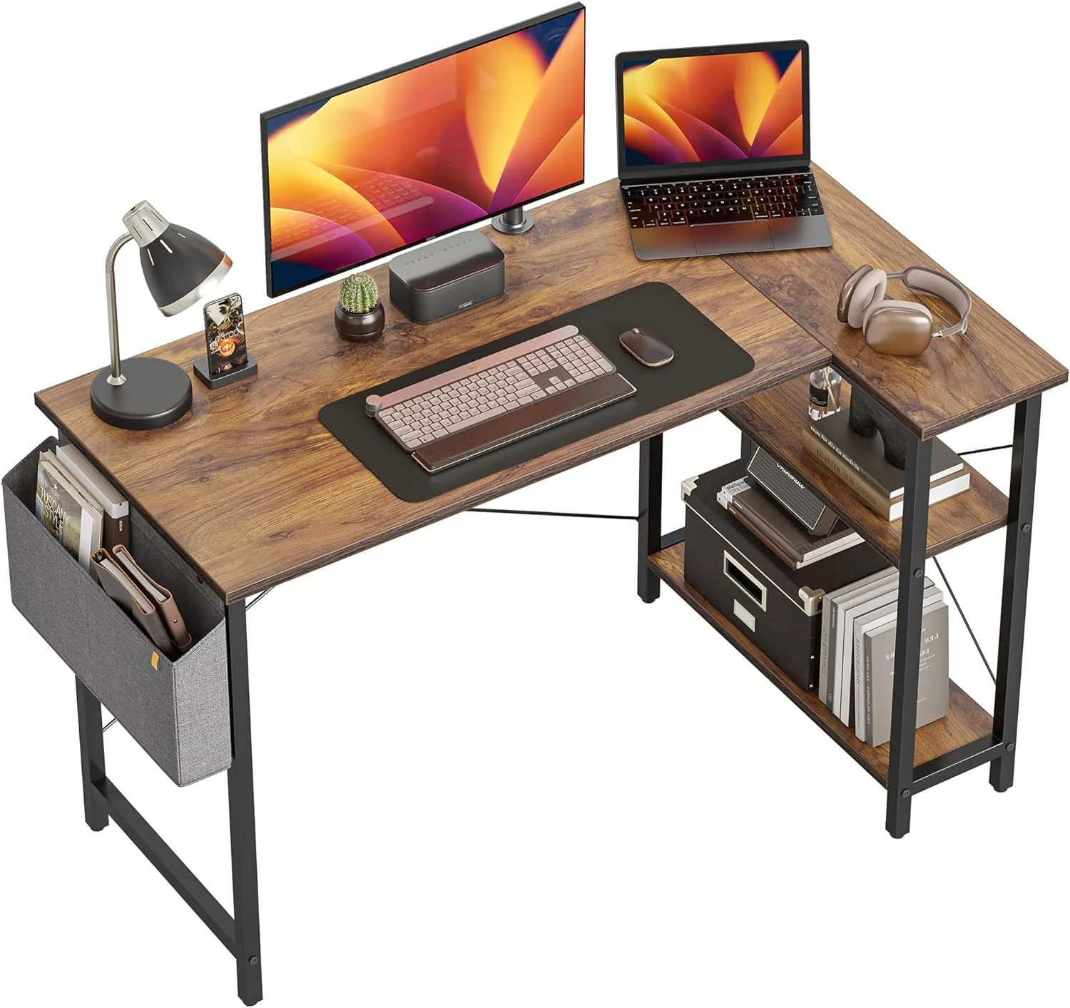 CubiCubi Mesa de computador pequena em forma de L de 40 polegadas com prateleiras de armazenamento Mesa de canto para escritório em casa Mesa de escrita para estudo, marrom profundo