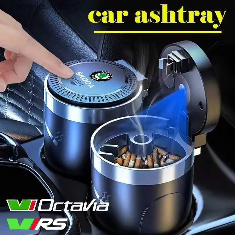 Bil Ashtrays bil cigarett ashray cup med lock med LED -ljusa bärbart löstagbart fordon askfathållare för Skoda VRs Octavia Fabia Q231125