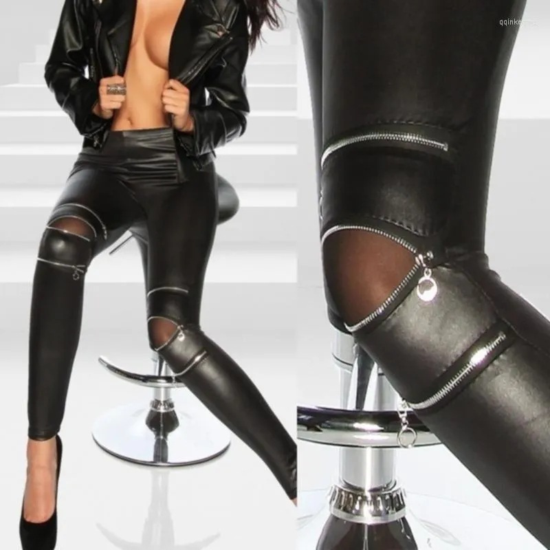 Women's Leggings Women Sexy Black Slim Stretchy Leggins High-elastic Knee Three Zipper Maimitation Leather