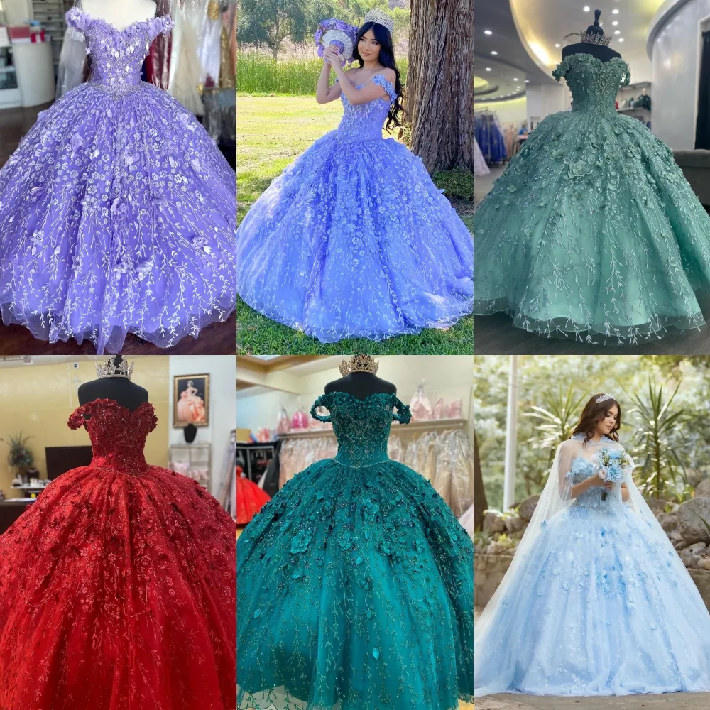 Charming Lilac Sweetheart Quinceanera Elbise 2023 Cape Off Omuz Kat Uzunluğu Balo Kupa Aplikes Vestidos de 15 Anos Kırmızı Pembe Açık Mavi 3D Çiçek Quince Nl