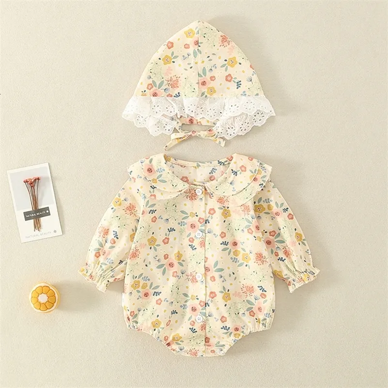 Rompers Summer Baby Girls Romperhat Cotton Peter Pan Collar Ruffles spetsar långärmad spädbarn Rompers födda söta plagg 230425