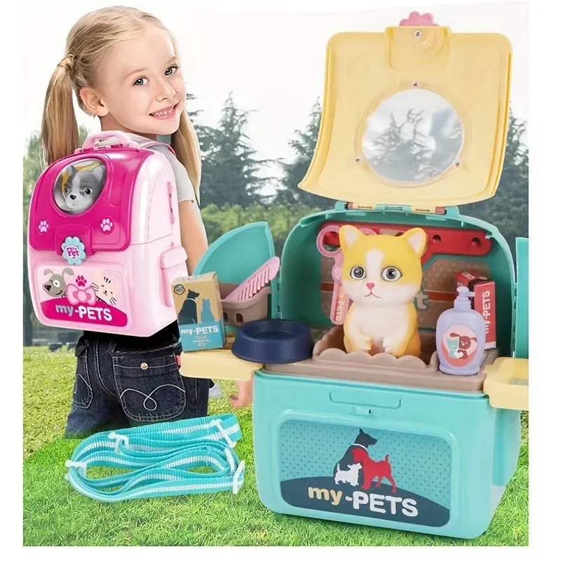 Tools Workshop Pet Care Play Set Doctor Kit for Kids Pretend Vet Dog Grooming Toys Puppy Feeding Backpack 231124