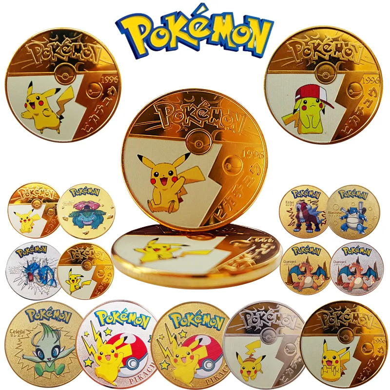 Pokemon Gold Silver Coins Pikachu Metal Mewtwo Coins Anime Golden Commemorative Coin Charizard Round Metal Pokemon Collector Coins