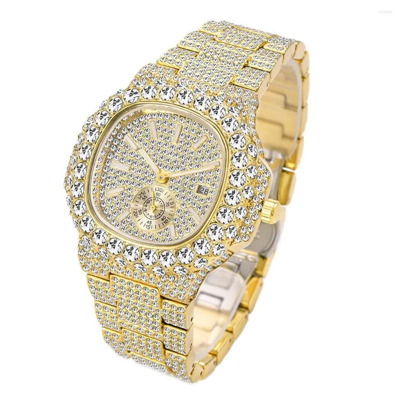 Orologi da polso MISSFOX Hiphop Luxury Uomo Orologi Full Diamond Bracciale in oro Quarzo Data automatica da polso con confezione regalo