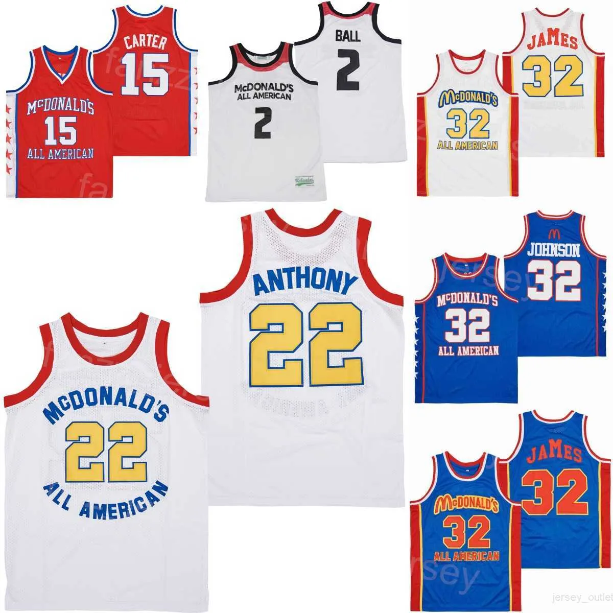 Movie ALL AMERICAN Maglie da basket MCDONALDS LEBRON JAMES 32 LONZO BALL 2 Carmelo Anthony 22 MAGIC JOHNSON Vince Carter 15 Team Stitched High School Shirt Uomo