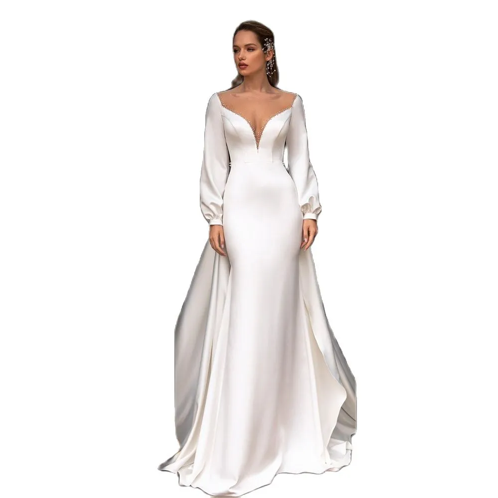 Robe De mariée gracieuse en Satin, col transparent, manches longues bouffantes, perles, Train détachable, 2023