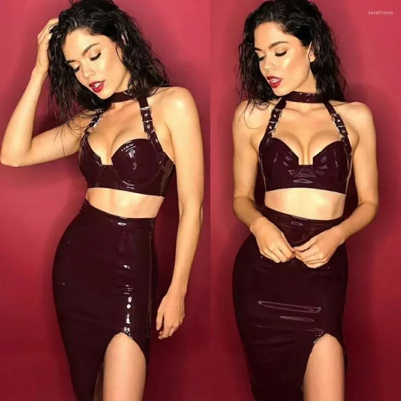 Casual Dresses Summer 2023 Latex Sexy Leather Dress Open Back Halter Neck Mini Split Bodycon Evening Party PU 2 Piece