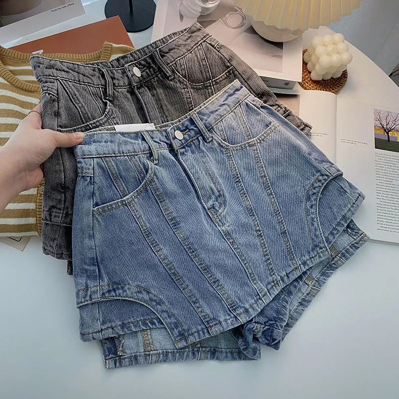 Shorts pour femmes été femmes bleu noir Shorts mode taille haute épissé couleur unie irrégulière A-ligne jambe large Denim Shorts femme 230425