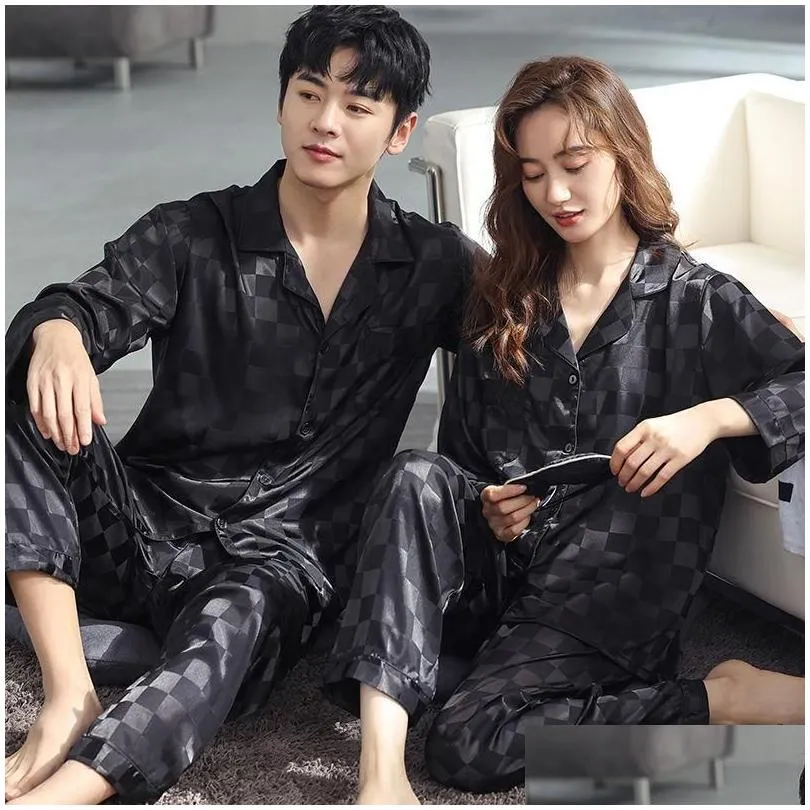 mens sleepwear couple pajama sets for mens plaid designer loungewear nightwear long sleeve sleep trousers thin silk satin pajamas men