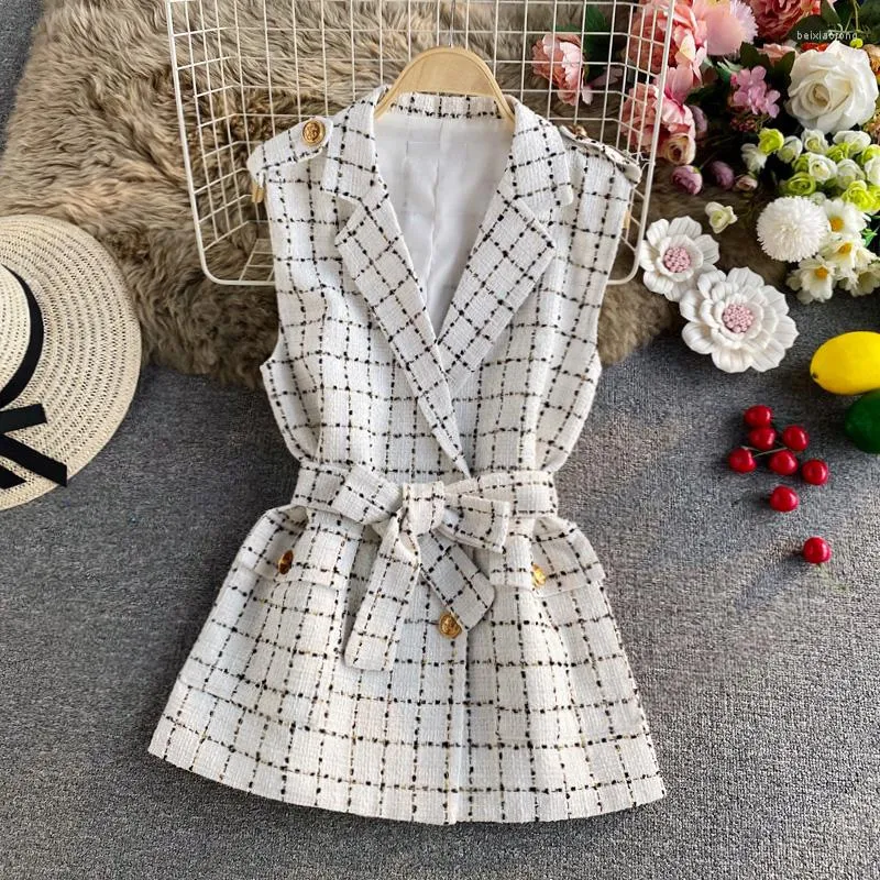 Kvinnors västar Midlängd Plaid Tweed Suit Collar Waistcoat Kvinnor 2023 Autumn Outwear ärmlös Streetwear Vest Jacket Trend