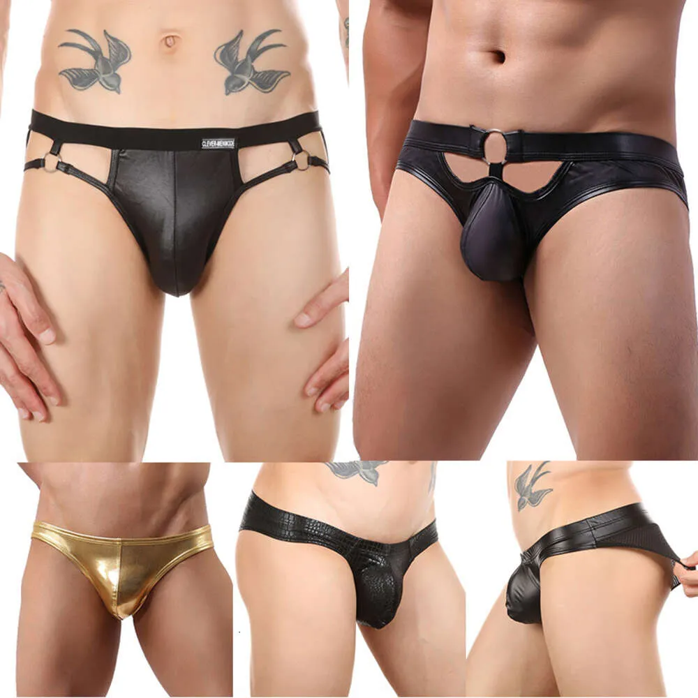 Mäns sexiga PU Ultra-tunn underkläder Faux Leather Micro Mini Panties Mesh Cutout Briefs Low Rise Exotic Clothing