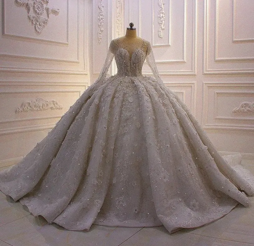 2024 Exquisite Floral Ball Gown Wedding Dress With Full Sleeve Luxury Beading Appliques Button Back Dubai Bridal Gowns Robes Mariage Vestido De Noiva