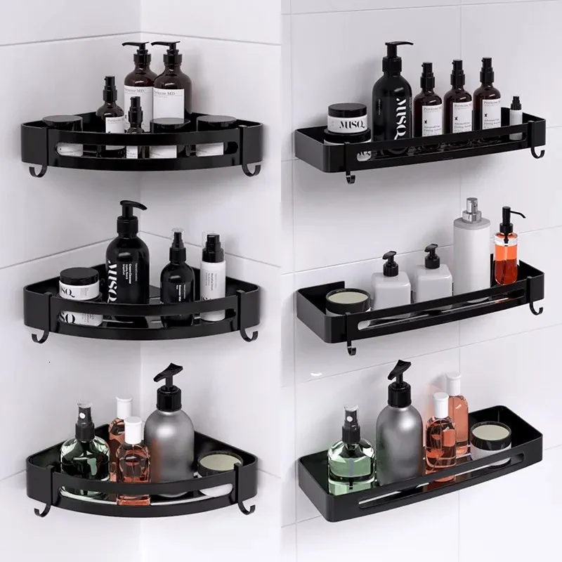 Półki w łazience półka łazienkowa kwadratowy trójkąt prysznicowy szampon szampon za darmo Black aluminiowe półki narożne akcesoria łazienkowe 231124