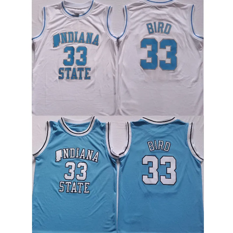 Mannen 33 Larry Bird Custom Indiana State Sycamores College Jerseys Blue White Adepost University Basketball Wear volwassen maat VERGAAKTE Jersey