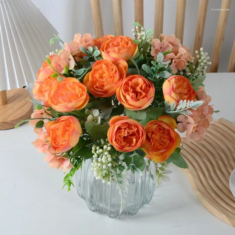 Fleurs décoratives Orange Artificielle Rose Pivoine Soie Bouquet Flores Accueil Partie Fleur Décoration Faux Flowe