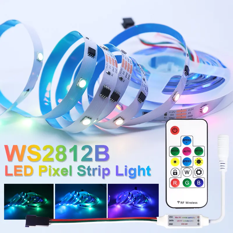 Şeritler 5m WS2812B LED şerit ışığı WS2812 Akıllı Işıklar DC12V BEYAZ PCB Su geçirmez IP30/IP65 Lamba RGB Pixel Lightsled