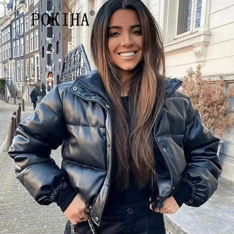 Mulheres Trench Coats Pokiha Grosso Quente Moda Acolchoada Casual Zipper Algodão Couro Curto Jaqueta Casaco Mulheres Vintage Manga Longa Feminina