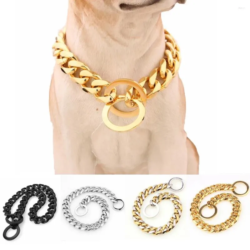 Dog Collars 15mm Chain Luxury Strong Metal Necklace Pet Training Stainless Steel Choke Collar Gold Cuban Link For Large Walking Ring