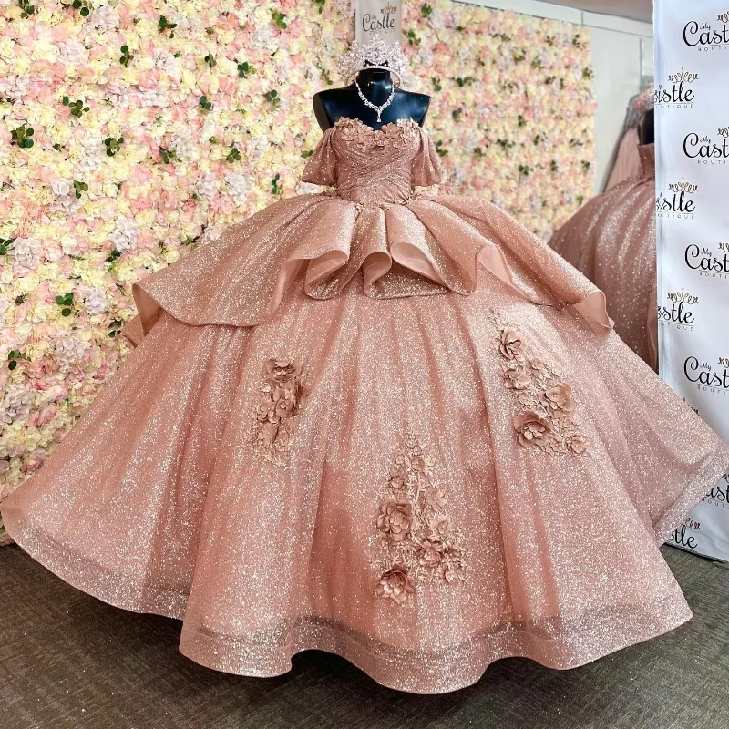 Rose Gold Shiny Sweetheart Ball Gown Quinceanera Dress 2024 Applices Flowers Off Axla Sweet 15 16 Years Vestidos de XV Anos